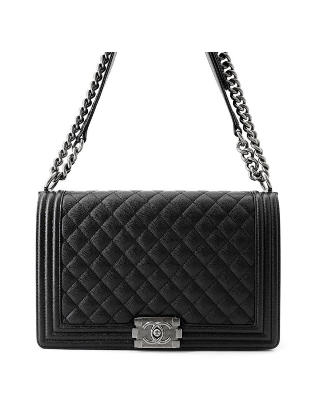Chanel Chain Shoulder Bag Boy Large Quilted CC Logo Caviar Leather Black